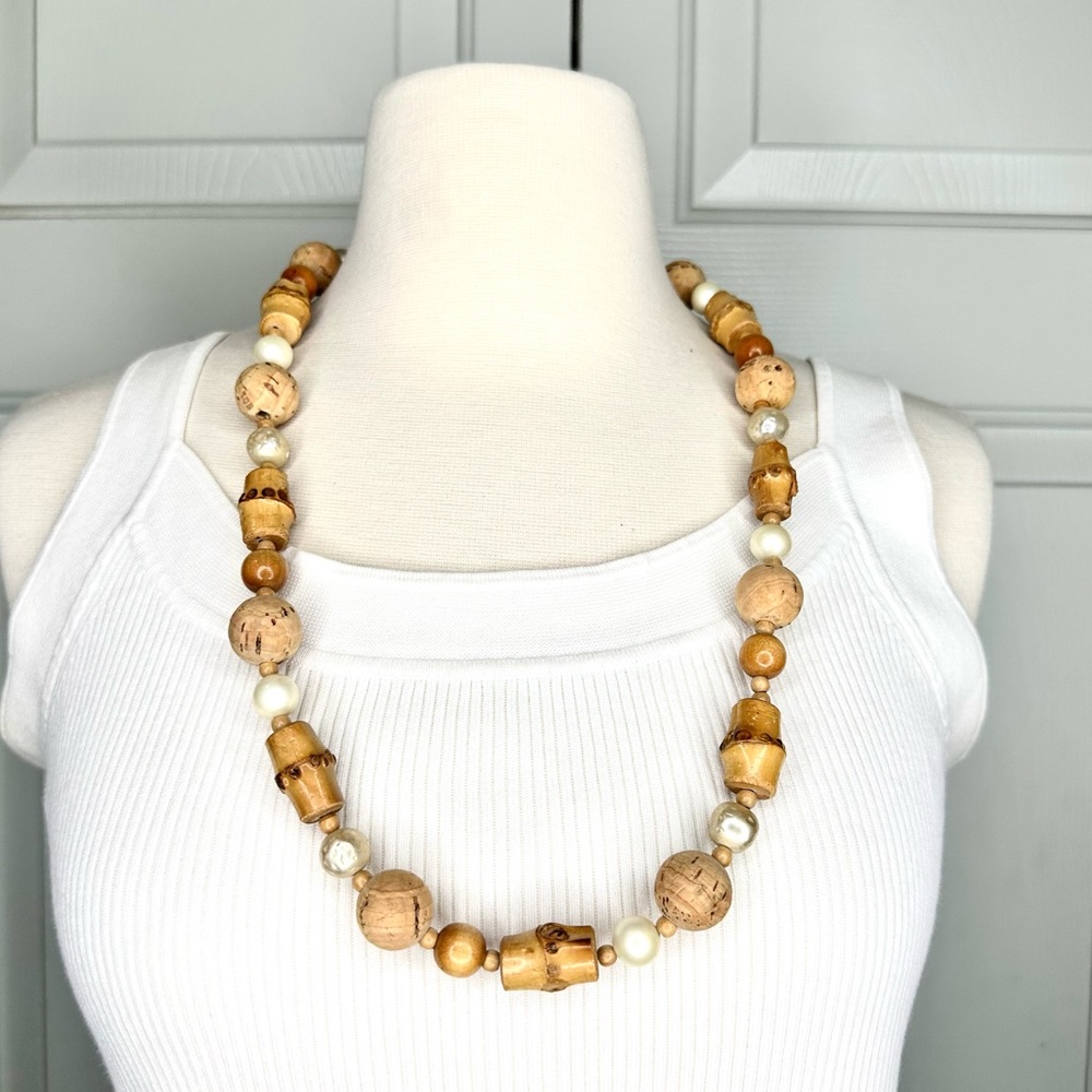 Vintage Bamboo Cork Faux Pearl Necklace 26”